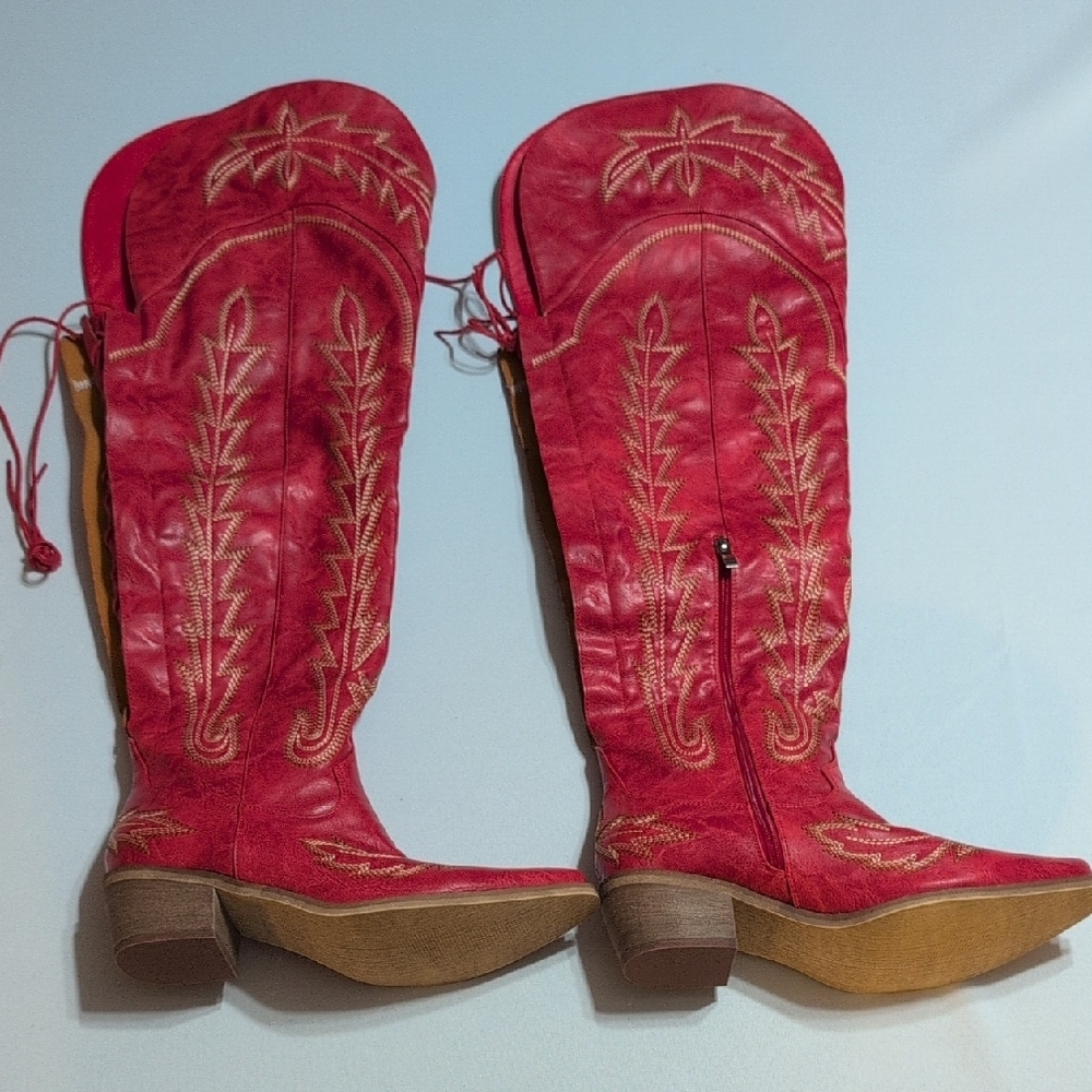 Thigh-High Red Heeled Western Style Boots
